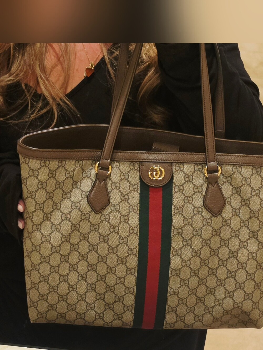 Gucci Ophidia Beige GG Canvas Tote with Brown Trim and Green-Red Web - Picture 16 of 16